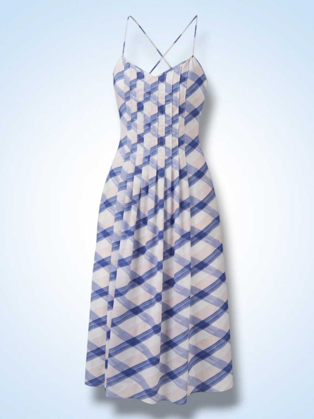 Banana Republic Strappy A-Line Slip Plaid Blue Blush Midi Dress 4
